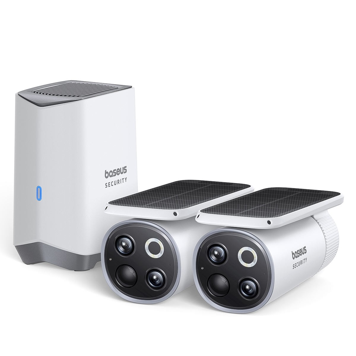 Baseus Security S1 Pro Outdoor Set mit H1 HomeStation und 2X batteriebetriebene WLAN 3K Dual-Objektiv Überwachungskameras, Solarpanel mit automatischem Nachführsystem