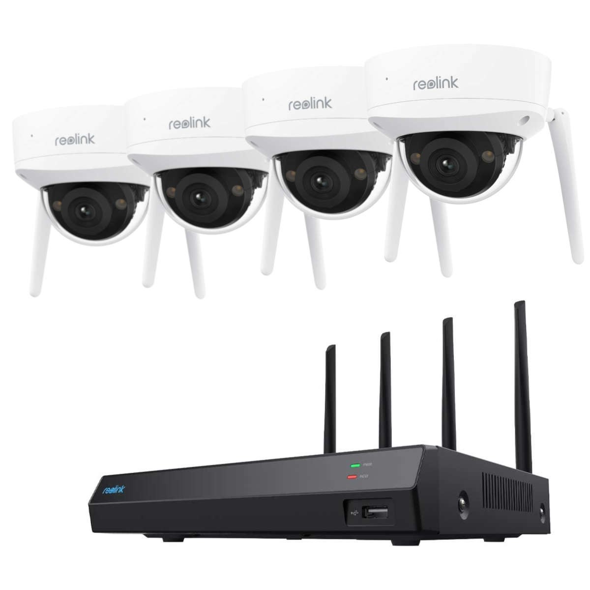 Reolink NVS12W Netzwerkrekorder inkl. 2 TB Festplatte und 4x Reolink W437 4K 8 MP Dome WLAN Kamera Set für Videoüberwachung