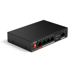 Dahua Switch DH-SF1005P Kompakter Desktop-Switch mit fünf Anschlüssen, davon vier mit Power-over-Ethernet (PoE), Port 1 liefert bis zu 60W für PoE Gerät