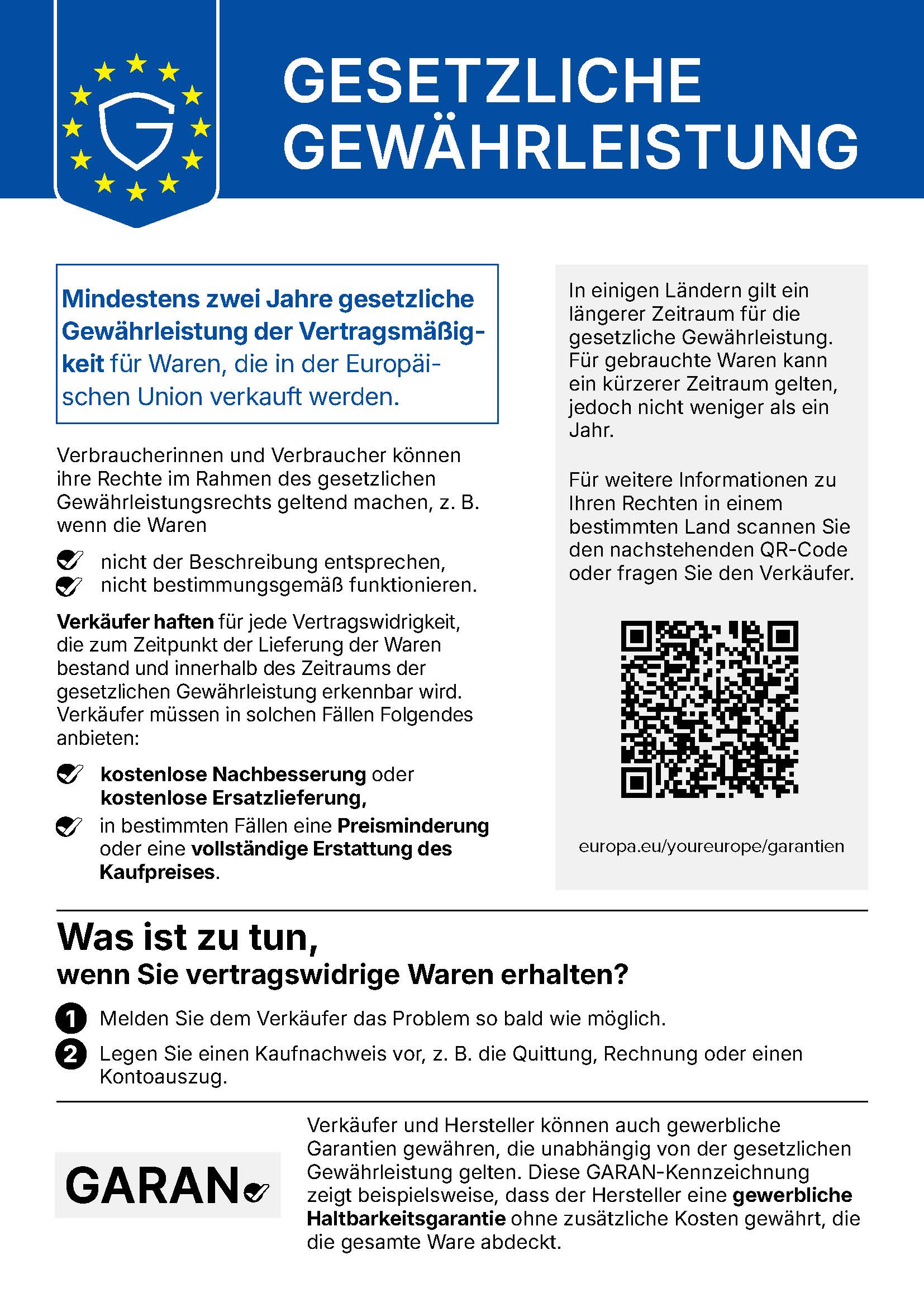 Informationen zu Ihren gesetzlichen Gewährleistungsrechten