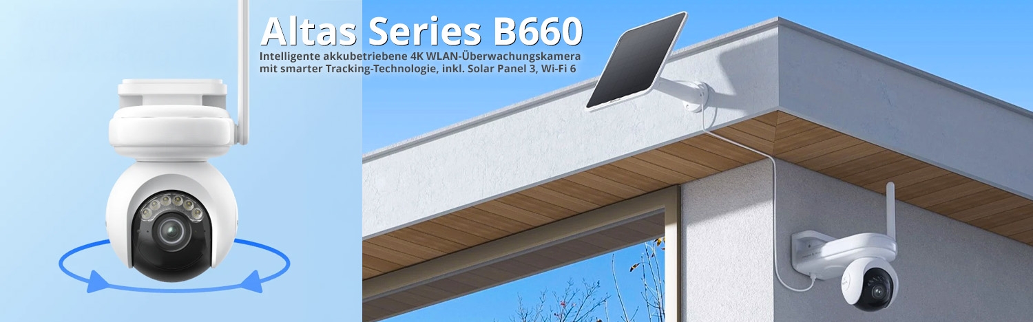 Altas Series B660 Intelligente akkubetriebene 4K WLAN-Überwachungskamera mit smarter Tracking-Technologie, Wi-Fi 6, inkl. Solar Panel Altas Series B660 Intelligente akkubetriebene 4K WLAN-Überwachungskamera mit smarter Tracking-Technologie, Wi-Fi 6, inkl. Solar Panel