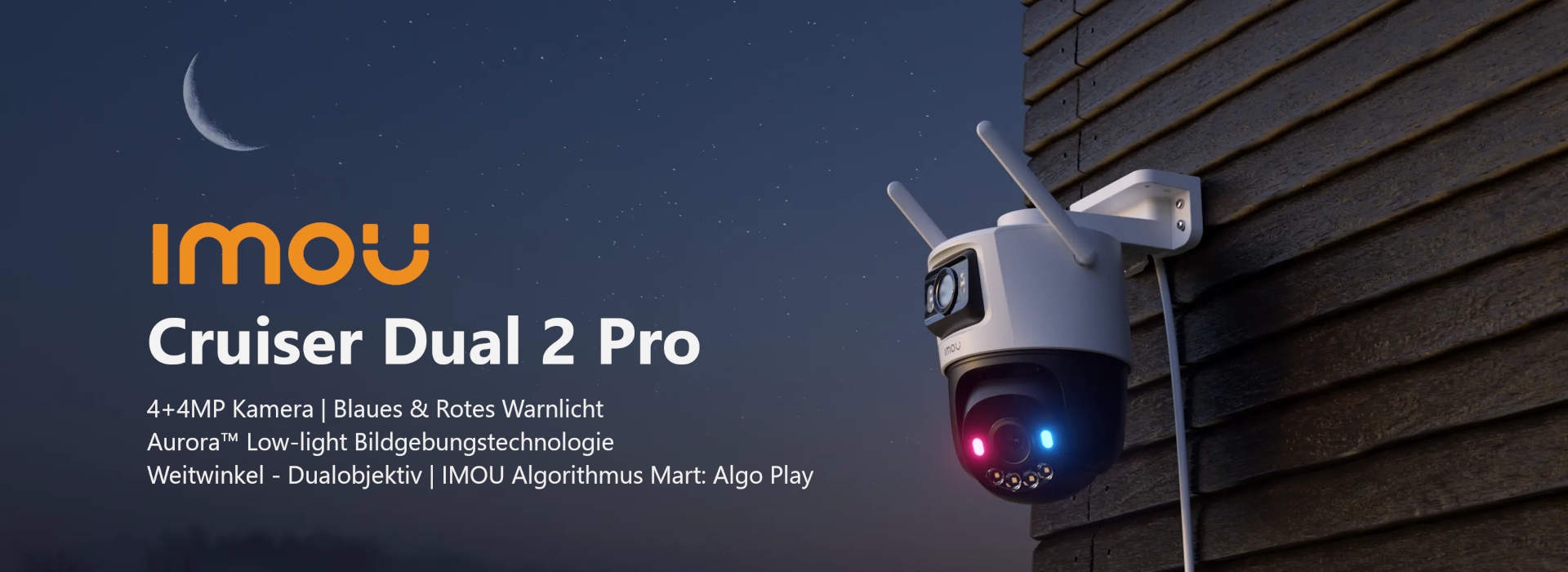 Imou Cruiser Dual 2  Pro 4+4 MP WLAN Überwachungskamera mit Rot-Blau Warnungslicht, Aurora™ Low-Light Imaging Technologie, zwei unabhängigen Objektiven