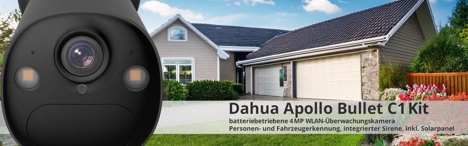 Dahua Apollo Bullet C1 Kit intelligente batteriebetriebene Dualband WLAN-&Uuml;berwachungskamera mit AOV, Wi-Fi 6, inklusive Solarpanel (schwarz)