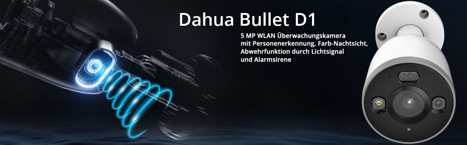 Dahua Bullet D1  5 MP WLAN (WiFi-6) &Uuml;berwachungskamera mit Personenerkennung, Farb-Nachtsicht, Abwehrfunktion durch Lichtsignal und Alarmsirene