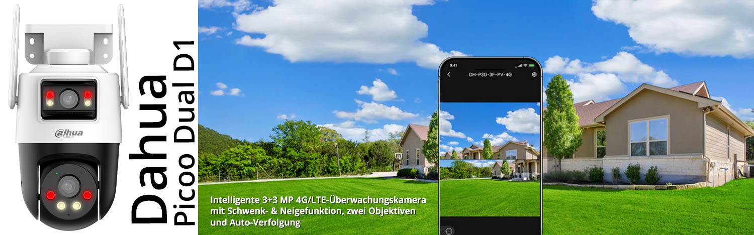 Dahua Picoo Dual D1  intelligente 3+3 MP 4G/LTE-&Uuml;berwachungskamera mit Schwenk- & Neigefunktion, zwei Objektiven und Auto-Verfolgung