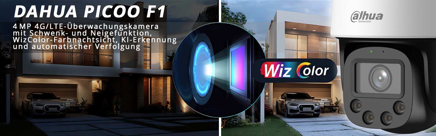 Dahua Picoo F1 4 MP 4G/LTE-&Uuml;berwachungskamera mit Schwenk- und Neigefunktion, WizColor-Farbnachtsicht, KI-Erkennung und automatischer Verfolgung