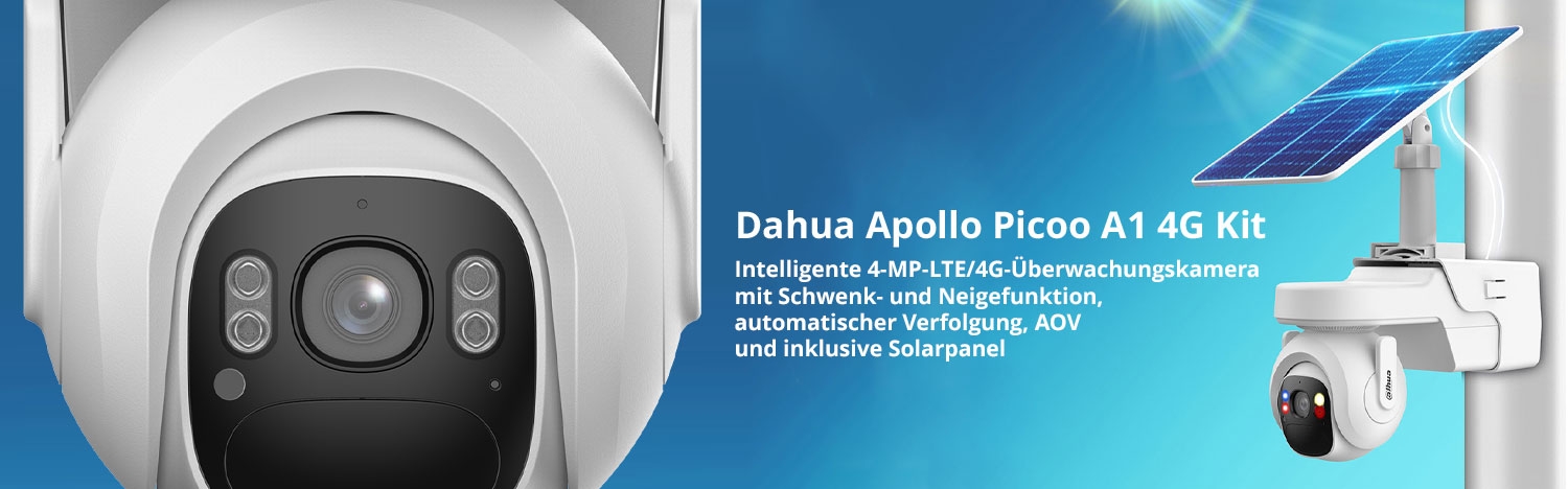 Dahua Apollo Picoo A1 4G Kit intelligente 4 MP LTE / 4G &Uuml;berwachungskamera mit Schwenk- und Neigefunktion, automatischer Verfolgung, AOV, inklusive Solarpanel