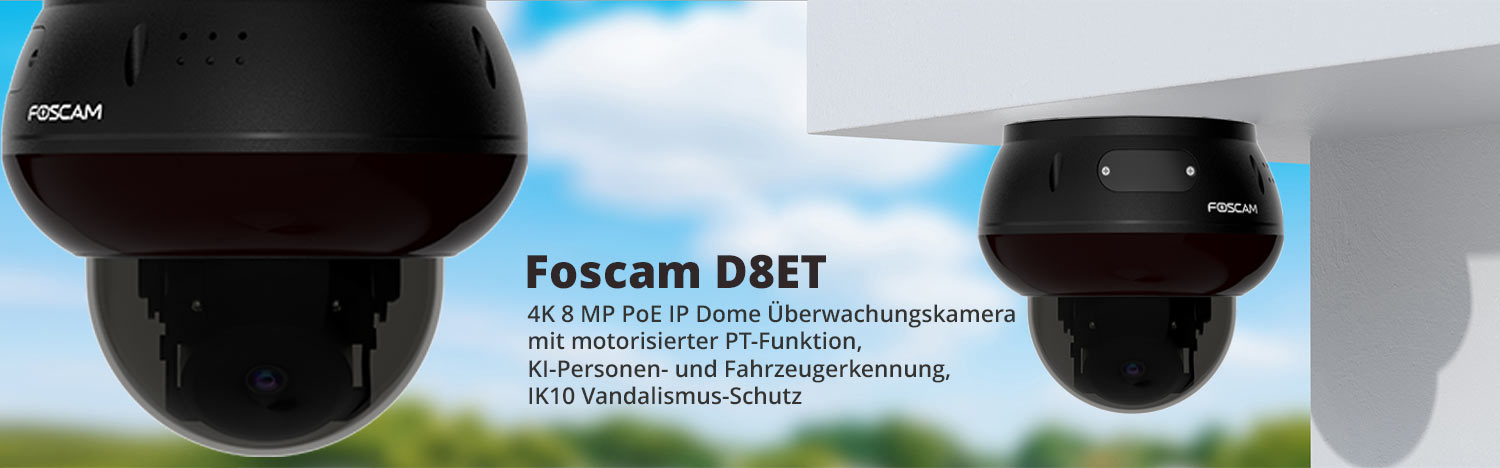 Foscam D8ET 4K 8 MP PoE IP Dome Überwachungskamera mit motorisierter PT-Funktion, KI-Personen- und Fahrzeugerkennung, IK10 Vandalismus-Schutz (schwarz)