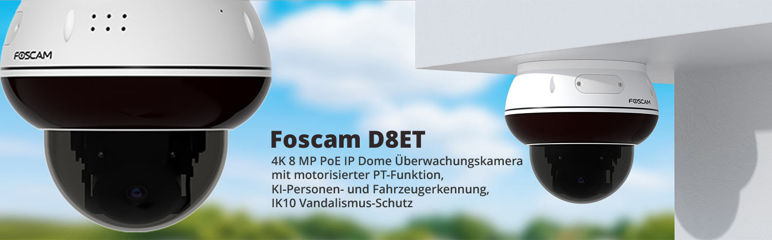 Foscam D8ET 4K 8 MP PoE IP Dome Überwachungskamera mit motorisierter PT-Funktion, KI-Personen- und Fahrzeugerkennung, IK10 Vandalismus-Schutz (weiß)