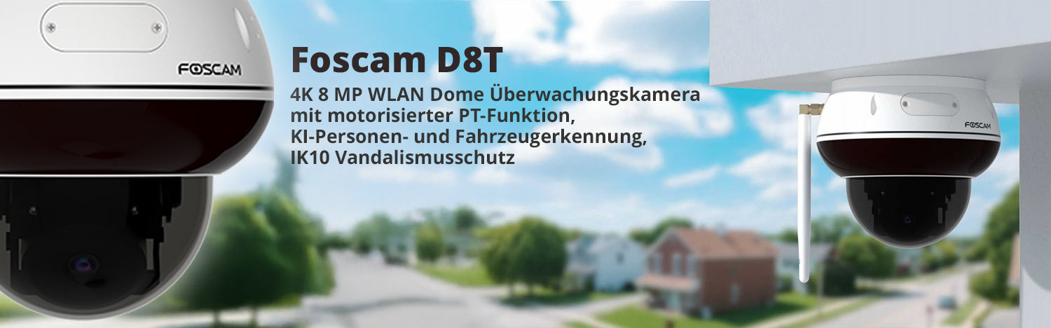 Foscam D8T 4K 8 MP WLAN Dome &Uuml;berwachungskamera mit motorisierter PT-Funktion,  KI-Personen- und Fahrzeugerkennung, IK10 Vandalismusschutz, WiFi 6, (wei&szlig;)