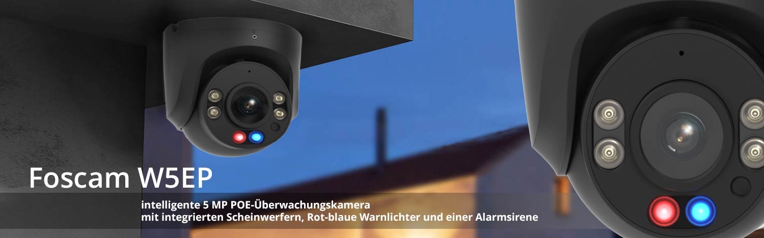 Foscam W5EP intelligente 5 MP POE-Überwachungskamera mit integrierten Scheinwerfern, Rot-blaue Warnlichter und einer Alarmsirene (schwarz) Foscam W5EP intelligente 5 MP POE-Überwachungskamera mit integrierten Scheinwerfern, Rot-blaue Warnlichter und einer Alarmsirene (schwarz)