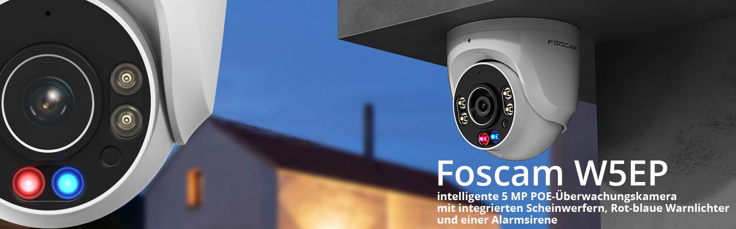 Foscam W5EP intelligente 5 MP POE-&Uuml;berwachungskamera mit integrierten Scheinwerfern, Rot-blaue Warnlichter und einer Alarmsirene