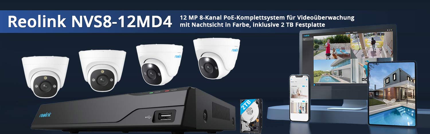 Reolink NVS8-12MD4 12 MP 8-Kanal PoE-Komplettsystem für Videoüberwachung mit Nachtsicht in Farbe, inklusive 2 TB Festplatte