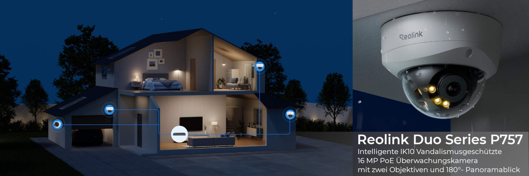 Reolink Duo Series P757 - Intelligente IK10 Vandalismusgeschützte 16 MP PoE Überwachungskamera mit zwei Objektiven und 180°- Panoramablick Reolink Duo Series P757 - Intelligente IK10 Vandalismusgeschützte 16 MP PoE Überwachungskamera mit zwei Objektiven und 180°- Panoramablick