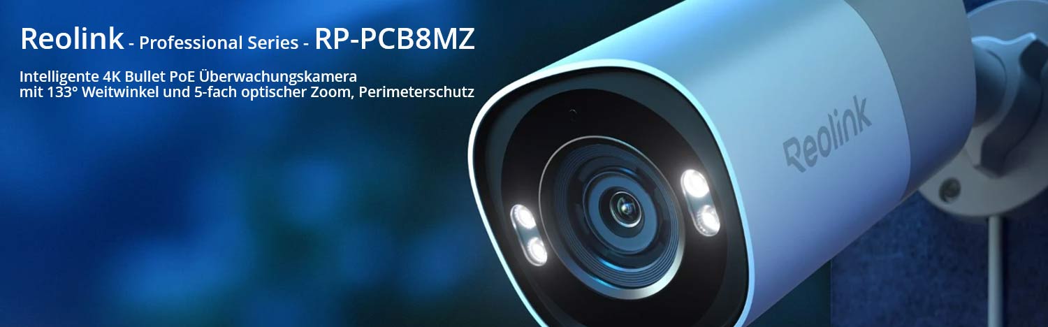 Reolink - Professional Series - RP-PCB8MZ Intelligente 4K Bullet PoE &Uuml;berwachungskamera mit 133&deg; Weitwinkel und 5-fach optischer Zoom, Perimeterschutz