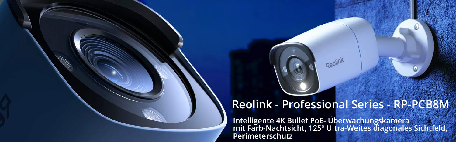 Reolink - Professional Series - RP-PCB8M Intelligente 4K Bullet PoE- &Uuml;berwachungskamera mit Farb-Nachtsicht, 125&deg; Ultra-Weites diagonales Sichtfeld, Perimeterschutz
