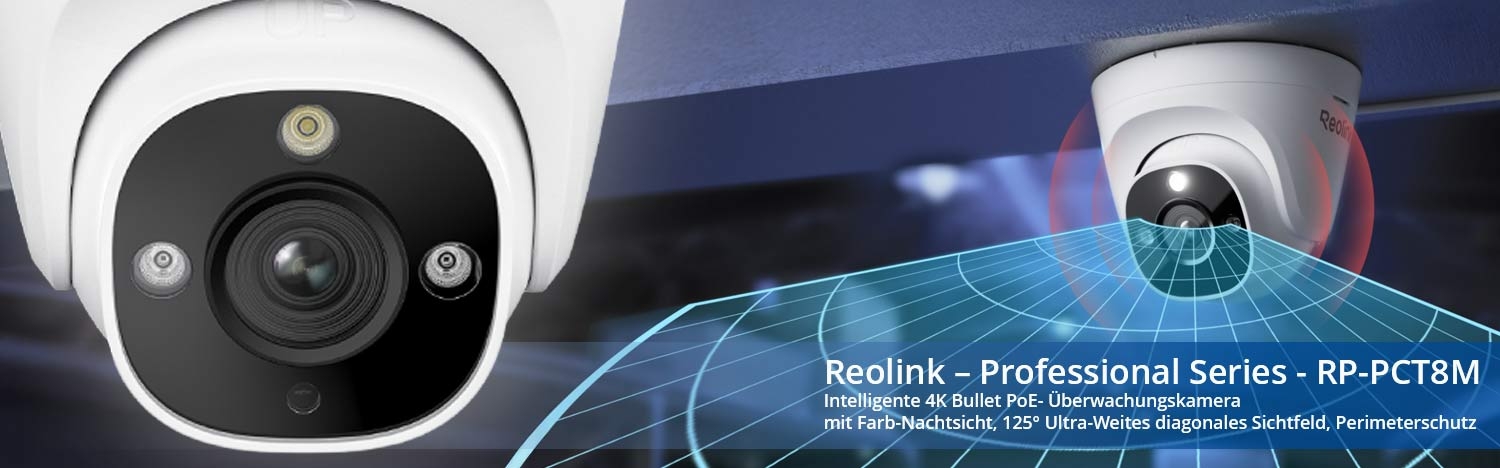 Reolink &ndash; Professional Series - RP-PCT8M Intelligente 8 MP 4K PoE Dome Kamera mit Spotlights, Nachtsicht in Farbe und Infrarot, Perimeterschutz