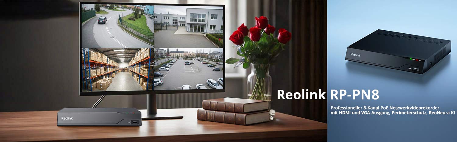 Reolink RP-PN8 Professioneller 8-Kanal PoE Netzwerkvideorekorder mit HDMI und VGA-Ausgang, Perimeterschutz, ReoNeura KI, inkl. 2 TB Festplatte