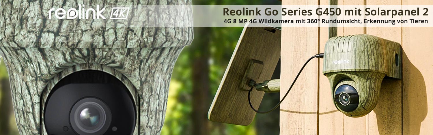 Reolink Go Series G450 mit Solarpanel 2  4G LTE 8 MP Wildkamera mit 360º Rundumsicht, Schwenk- und Neigefunktion, Erkennung von Tieren